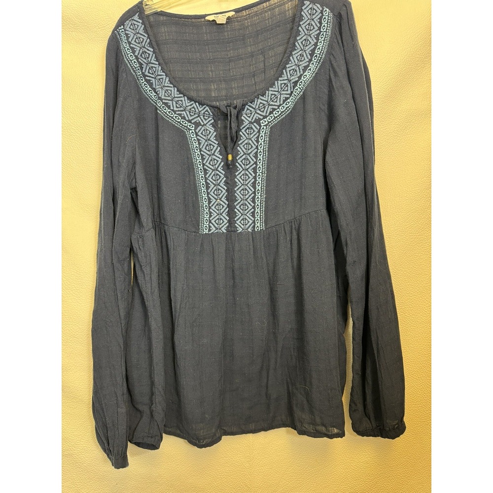 Sonoma Navy Blue Sheer embroidered Blouse tie front sz Large Rayon Boho Hippie
